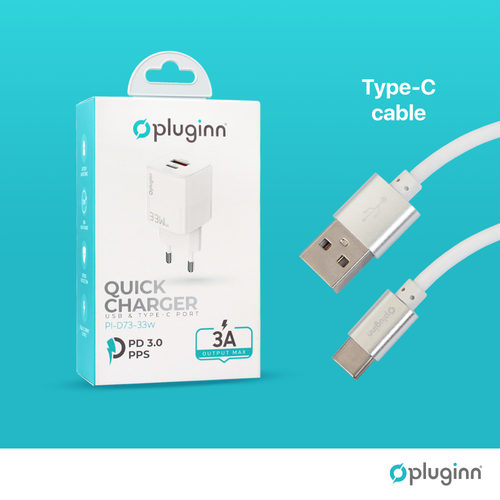 Kućni punjač Pluginn PI-D73-33w, QC3.0 PD3.0, PPS, USB-PD 20W+33W, 53W (total) sa PD Type C kablom beli slika 3