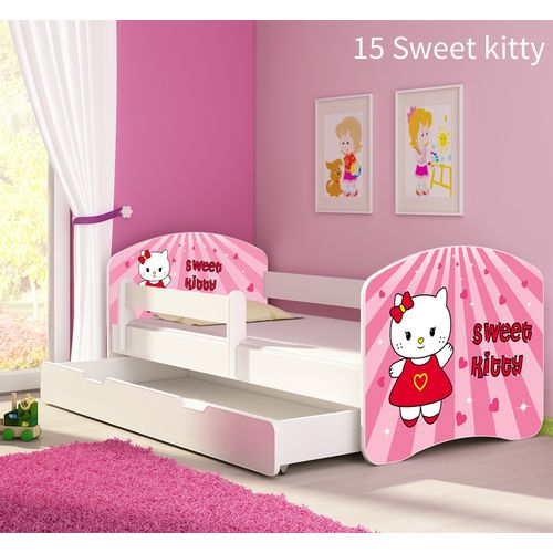 Dječji krevet ACMA s motivom, bočna bijela + ladica 160x80 cm - 15 Sweet Kitty slika 1