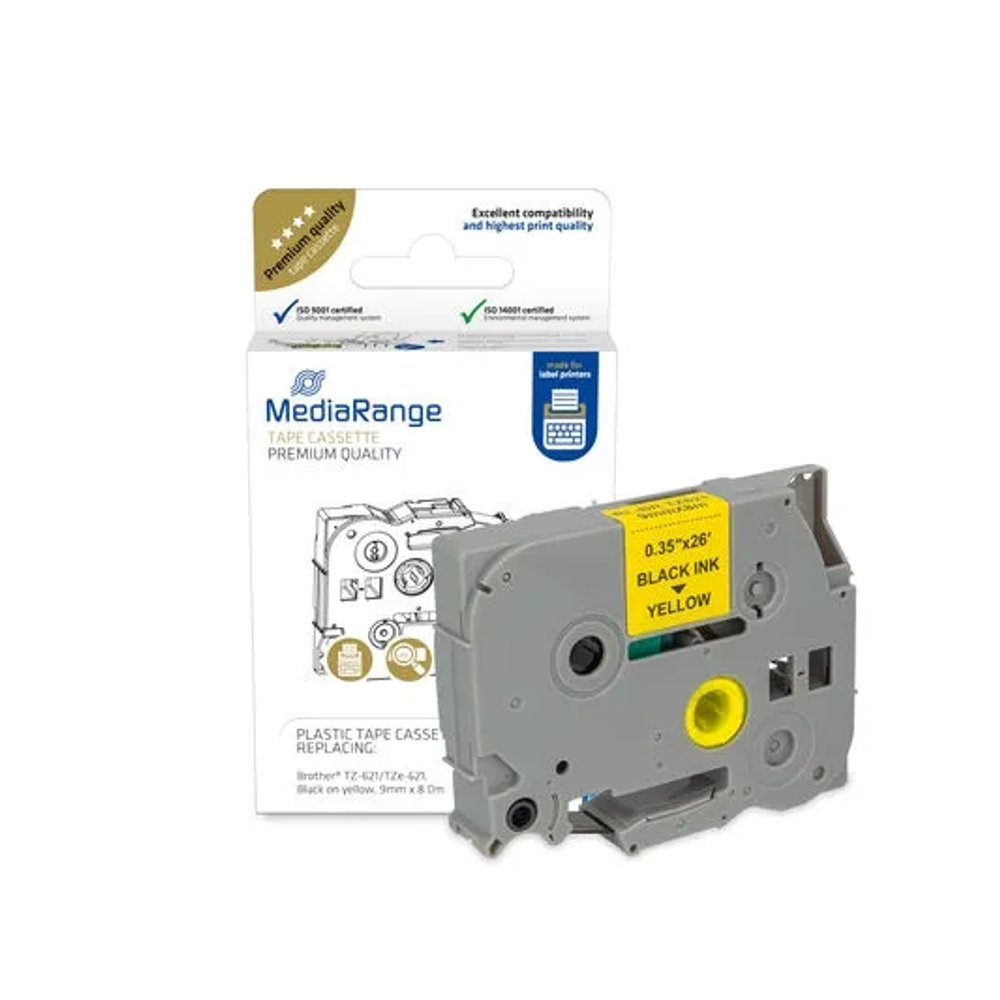 MediaRange Label Tape Cartridge, Replacing Brother TZ-621/TZe-621, 9mm, 8m, Laminated and Permanent Adhesive, Black on Yellow slika 1