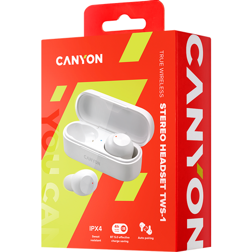 CANYON TWS-1 Bluetooth headset, with microphone, BT V5.0, Bluetrum AB5376A2, battery EarBud 45mAh*2+Charging Case 300mAh, cable length 0.3m, 66*28*24mm, 0.04kg, White slika 4