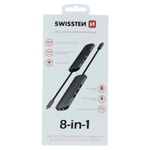 TIP C HUB 8 in 1 aluminijum sivi, SWISSTEN slika 1