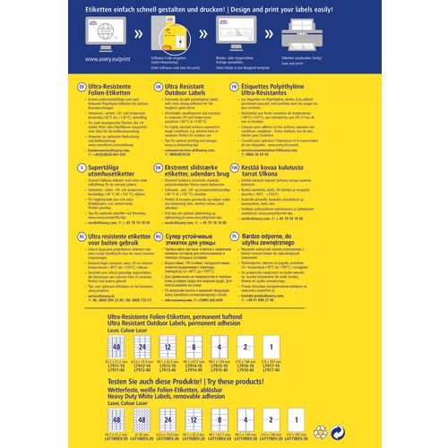 Avery Zweckform L7916-10 iznimo otporne naljepnice A4 210x148mm vodootporne 10 listova 20 naljepnica bijele slika 3