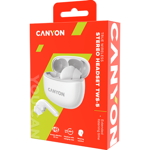Canyon TWS-5 Bluetooth headset, with microphone, BT V5.3 JL 6983D4, Frequence Response:20Hz-20kHz, battery EarBud 40mAh*2+Charging Case 500mAh, type-C cable length 0.24m, size: 58.5*52.91*25.5mm, 0.036kg, White slika 5