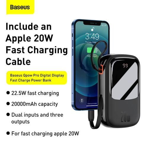 BASEUS POWER BANK 20000MAH QPOW PRO - USB + TYPE C - PD 20W SA LIGHTNING KABELOM (PPQD060201) CRNI slika 2