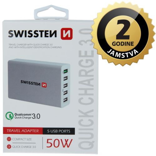 SWISSTEN punjač za AC220, 5xUSB, 50W, brzo punjenje, SMART IC, bijeli slika 1