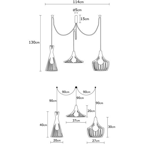 Opviq Visilica MEZOPOTAMIJA crna, metal, promjer 114 cm, visina 130 cm, podesiva visina, duljina kable 180 cm, 3 x E27 40 W, Mezopotamya - N-1291 slika 7