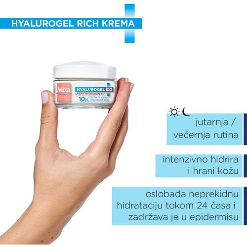 Mixa Hyalurogel Rich nega za intenzivnu hidrataciju osetljive i suve kože 50 ml slika 2