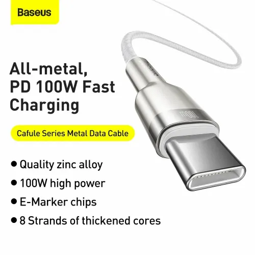 BASEUS kabel Type- C do Type- C PD100W Metalni kabel CATJK-D02 2m bijeli slika 5