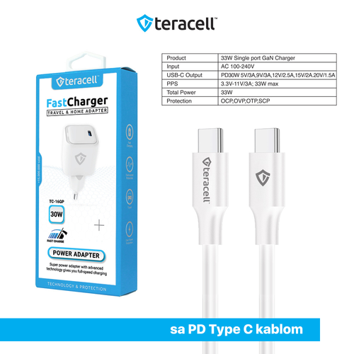 Kucni punjac Teracell Evolution TC-16GP, GaN, PD 3.0, 33W sa PD Type c kablom beli CE slika 4