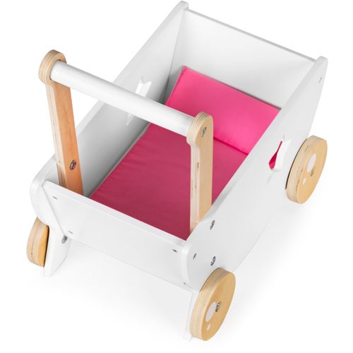 EcoToys 2u1 drvena kolica za lutke s posteljinom bijela slika 4