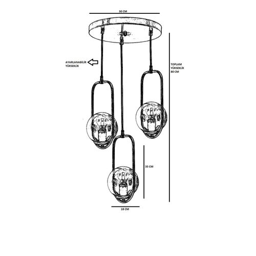 Ahu 3 Lü Tepsili Füme Camlı Siyah Sarkıt Black Chandelier slika 4