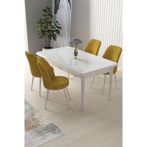 Nil - Bijeli, Mustard Bijeli Set Trpezarijskog Stola i Stolica (5 Komada)