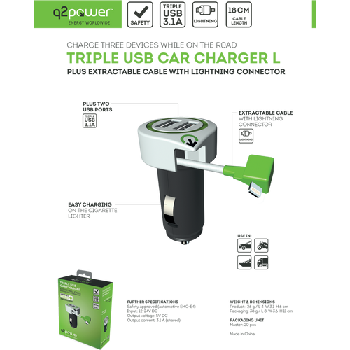 q2power Auto punjač, Dual USB, 3.1A, lightning konektor - TRIPLE USB CAR CHARGER L slika 3