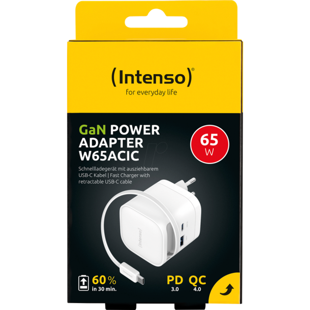 Intenso 65W GaN napajalnik z vgrajenim kablom USB-C, bel slika 9