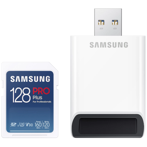 Samsung MB-SD128KB/WW SD Card 128GB, PRO Plus, SDXC, UHS-I U3 V30 Class10, Read up to 160MB/s, Write up to 120 MB/s, for 4K and FullHD video recording, w/USB Card Reader slika 1