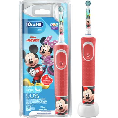 Električna zubna četkica Oral-B Kids za dob 3+ omogućuje djeci zabavno, nježno i učinkovito čišćenje zubi četkicom Oral-B s likom Disneyevog Mickeya koju preporučuju stomatolozi.