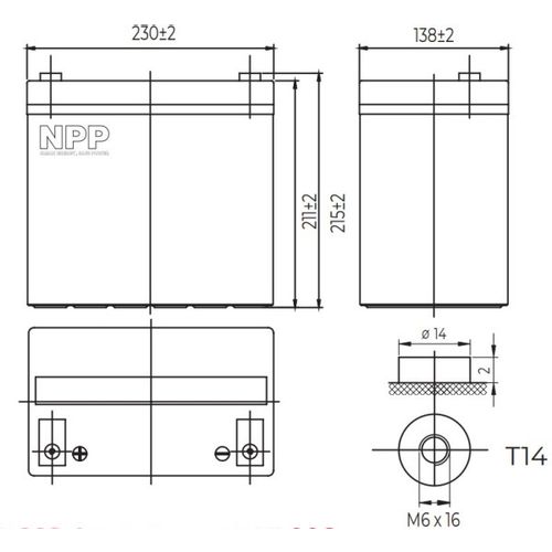 NPP NPG12V-55Ah, GEL BATTERY, C20=55AH, T14, 230*138*208*212, 15KG, Light grey slika 1