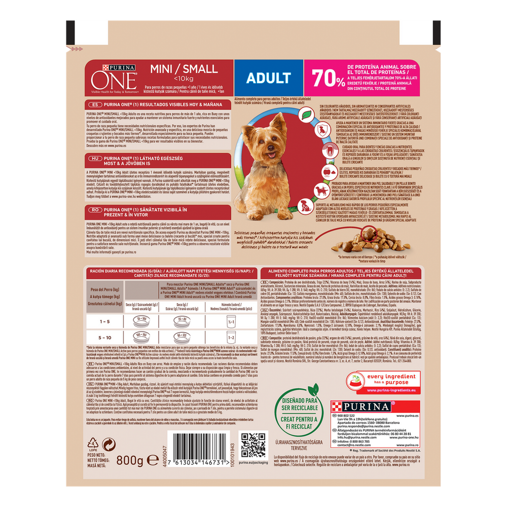 Purina ONE MINI Dog < 10 kg Adult, bogata govedinom, s rižom, 800 g slika 4
