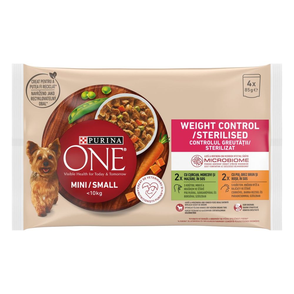 Purina ONE® Weight Control (4x85g) s ćuretinom, mrkvom i graškom u umaku sa svinjetinom, smeđom rižom i paradajzom u umaku slika 1