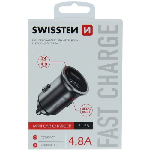 SWISSTEN punjač za auto, 2xUSB, 4.8A, 12-24V, metalic, srebrni slika 2