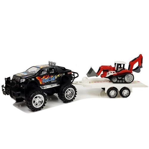 Set vozila Monster Truck s bagerom na prikolici, crno-crveni slika 3