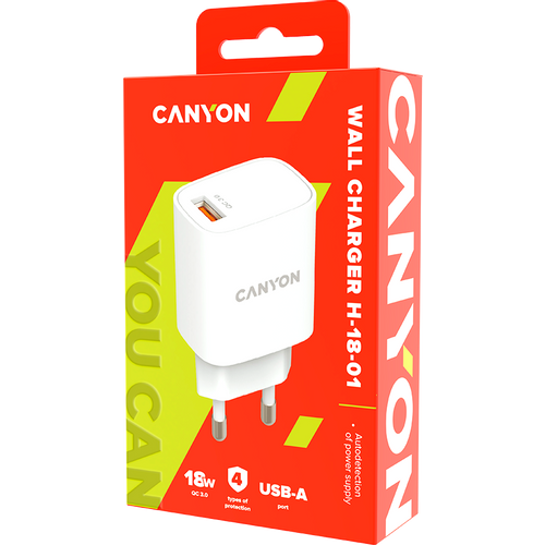 Canyon, Wall charger with 1*USB, QC3.0 18W, Input: 100V-240V, Output: DC 5V/3A,9V/2A,12V/1.5A, Eu plug, OCP/OVP/OTP/SCP, CE, RoHS ,ERP. Size: 80.17*41.23*28.68mm, 50g, White slika 3