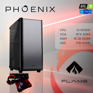 Phoenix računalo FLAME Y-601, Intel i3 14100F, 16GB DDR4, NVME SSD 1TB, RTX 3060 12GB, set miš, tipkovnica, podloga, slušalice