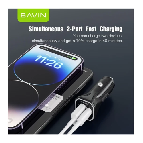 Bavin auto punjač max 38W PD20W+ QC3.0 USB-A + USB-C crna slika 3