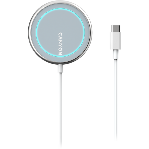 CANYON WS-100 Wireless charger, Input 9V/2A, 9V/2.7A, 12V/2A, Output 15W/10W/7.5W/5W, Type c cable length 1.5m, Acrylic surface+Aluminium alloy edge, 59*59*7mm, 0.06Kg, Silver slika 2