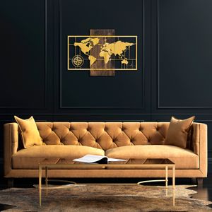 Wallity Drvena zidna dekoracija, World Map Wıth Compass - Gold