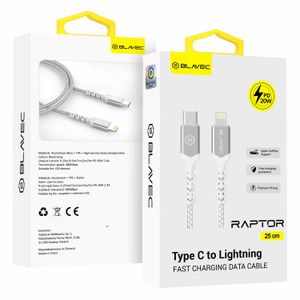 BLAVEC RAPTOR OPLETENI KABEL – TYPE- C NA LIGHTNING – PD 20W 2.4A 0.25 m bijelo-srebrni