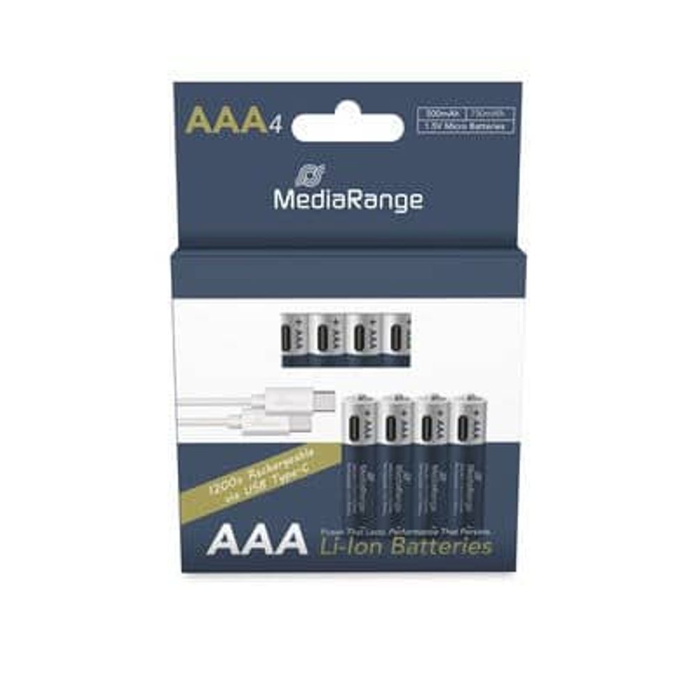 MediaRange Baterije punjive AAA, USB-C Li-Ion 1.5V I 500mAh, 4-Pack, MRBAT160 slika 1