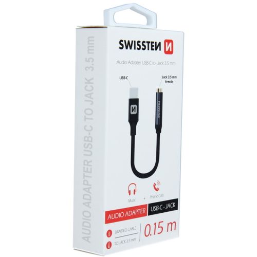 SWISSTEN kabel audio, stereo, USB-C na audio 3.5mm ženski, 15cm, crni slika 2