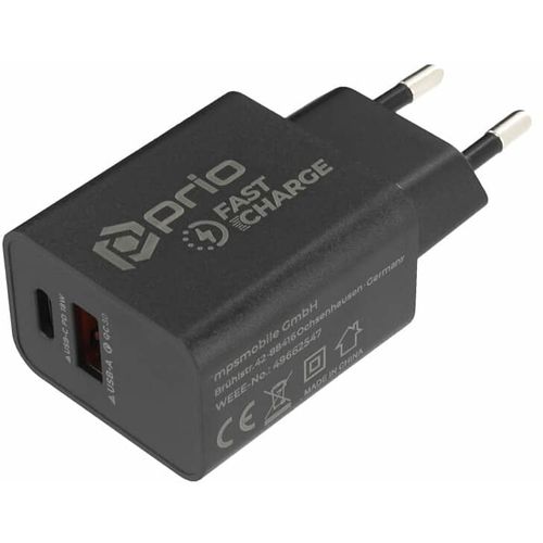 Prio Fast Charge zidni punjač 18W PD(USB C)+QC 3.0(USB A) crni slika 2
