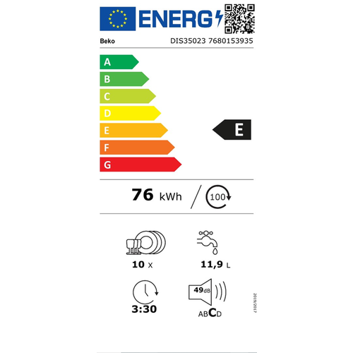 Beko DIS 35023 Ugradna mašina za pranje sudova, 10 kompleta, Širina 44.8 cm slika 6