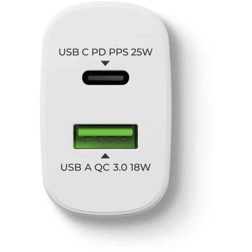 Prio Fast Charge zidni punjač 25W PD PPS (USB C)+QC 3.0 (USB A) bijeli slika 2