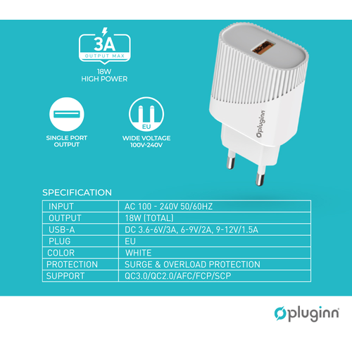 Kućni punjač Pluginn PI-D52S, QC3.0 18W sa lightning kablom beli slika 2