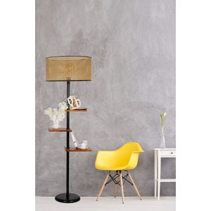 Elegantna Crno-Smeđa Stajaća Lampa sa Ratan Abažurom