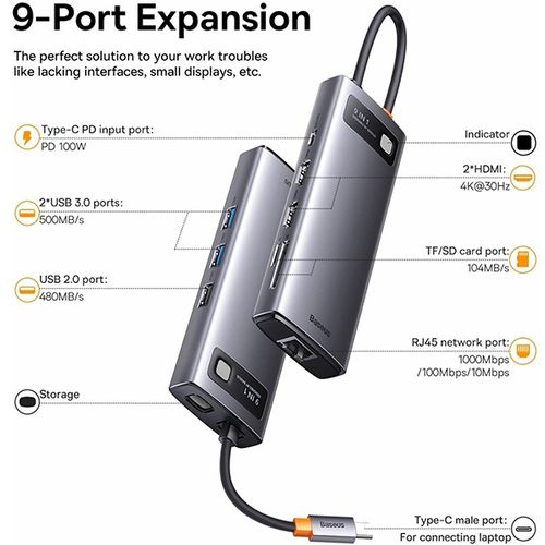 Docking station Baseus Metal Gleam Series 9-in-1, Type-C HUB, sivi slika 6