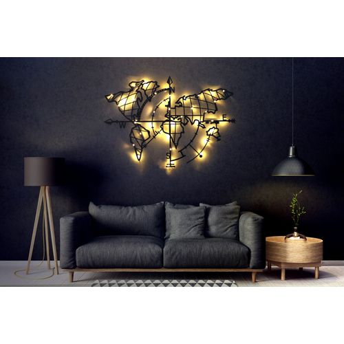 World Map Compass Led - Black Black Decorative Metal Wall Accessory slika 7