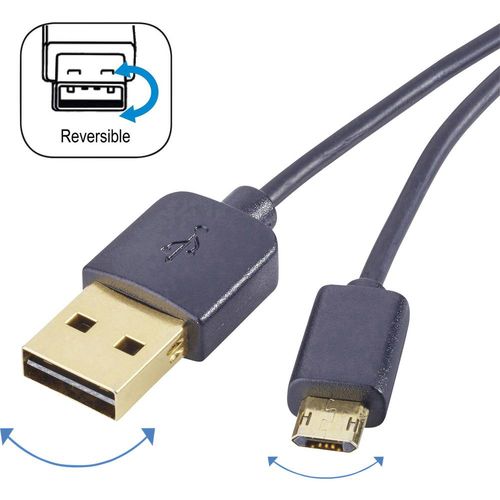 Renkforce USB kabel USB 2.0 USB-A utikač, USB-Micro-B utikač 1.00 m crna utikač primjenjiv s obje strane, pozlaćeni kontakti RF-4139064 slika 1