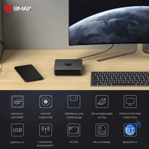 BMAX Mini računar, Intel Celeron N4000, 8GB DDR3, EMMC 128GB - B1 Pro Mini PC slika 2