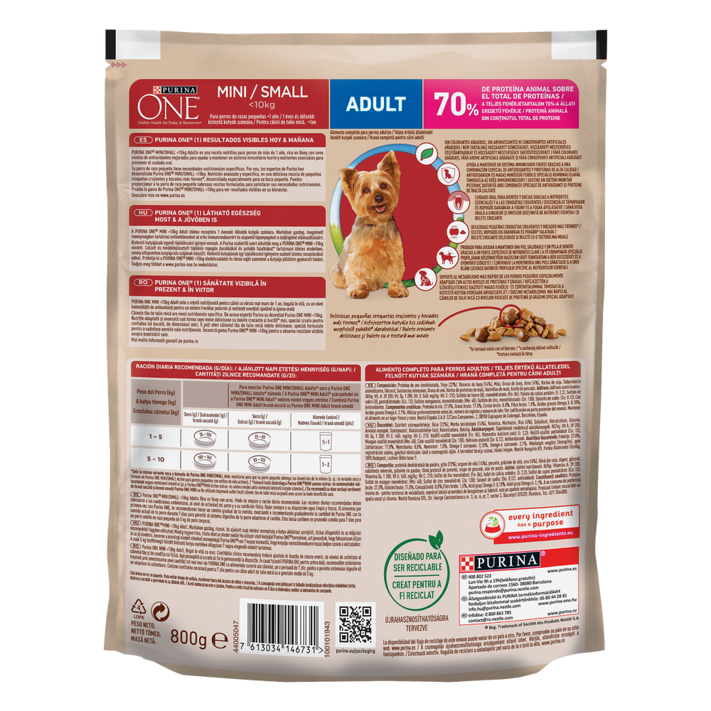 Purina ONE MINI Dog < 10 kg Adult, bogata govedinom, s rižom, 800 g slika 3
