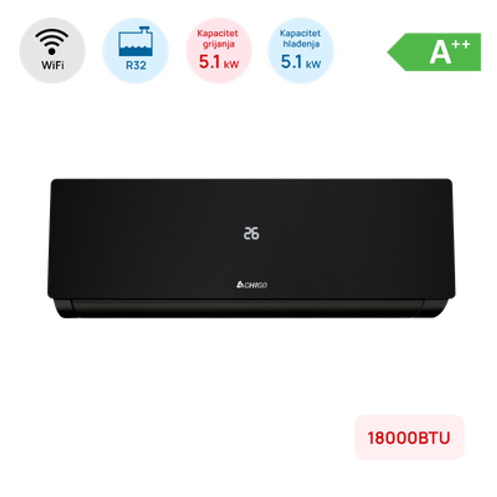 Klima Chigo 18000BTU, 5.1kW, A++, R32, -25°C ~ 50°C, s grijačem, WiFi, crna slika 1