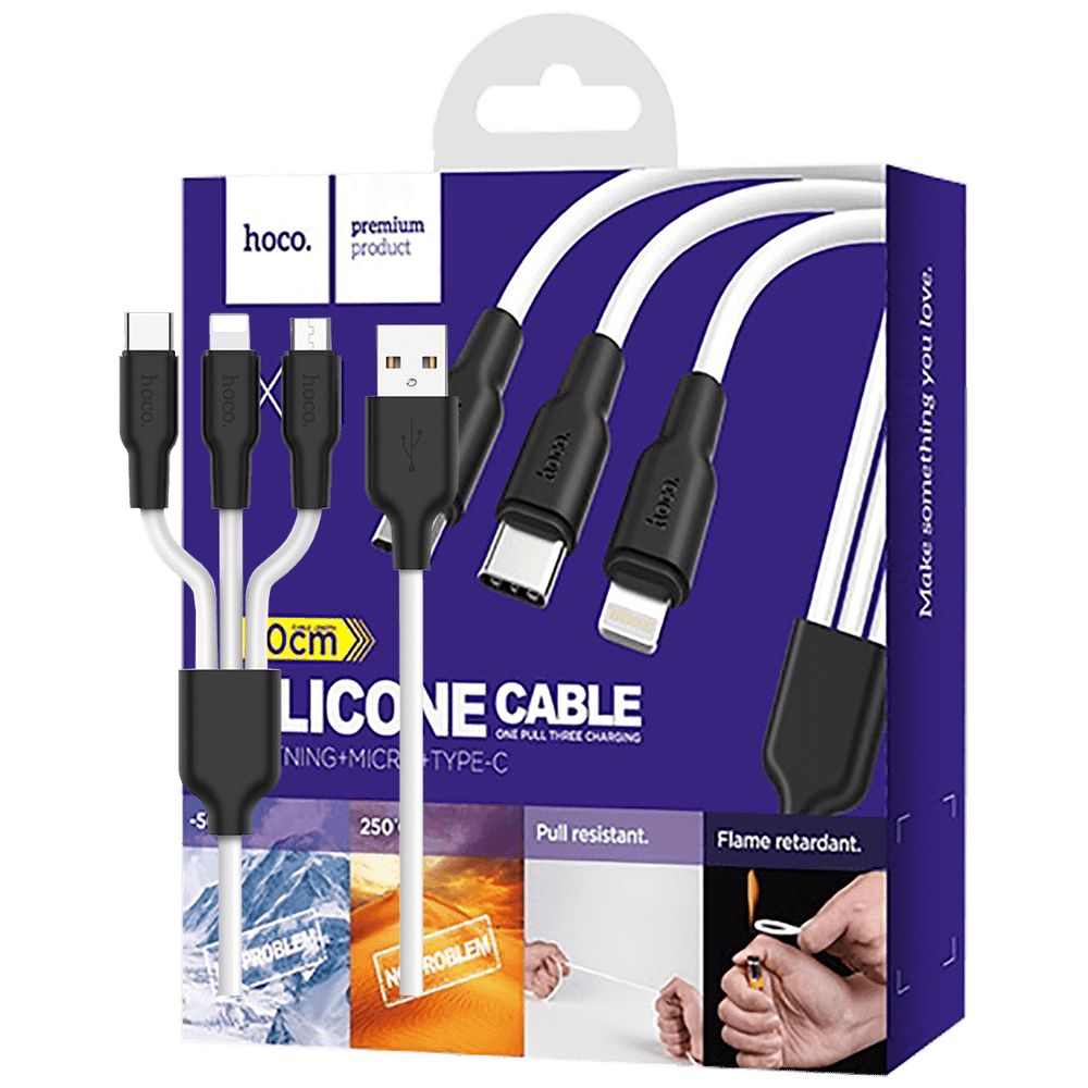 hoco. USB kabl, 3in1, microUSB, type C, Lightning, 1.2 met., 2 A - X21 Silicone 3in1, Black/White slika 1