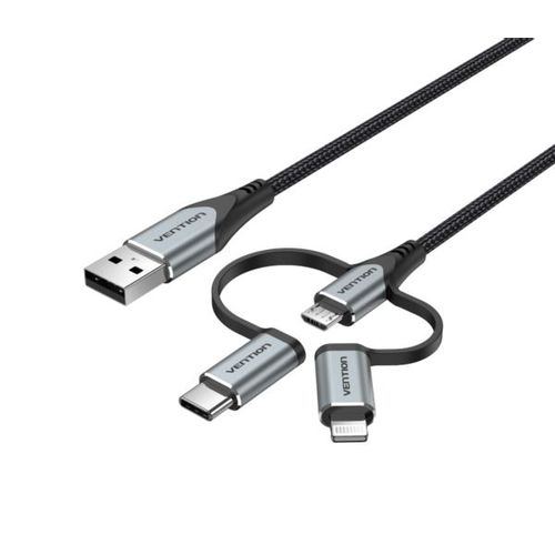 Vention USB 2.0 A Male to 3-in-1 Micro-B USB-C Lightning Male Cable 1,5m, Gray slika 1