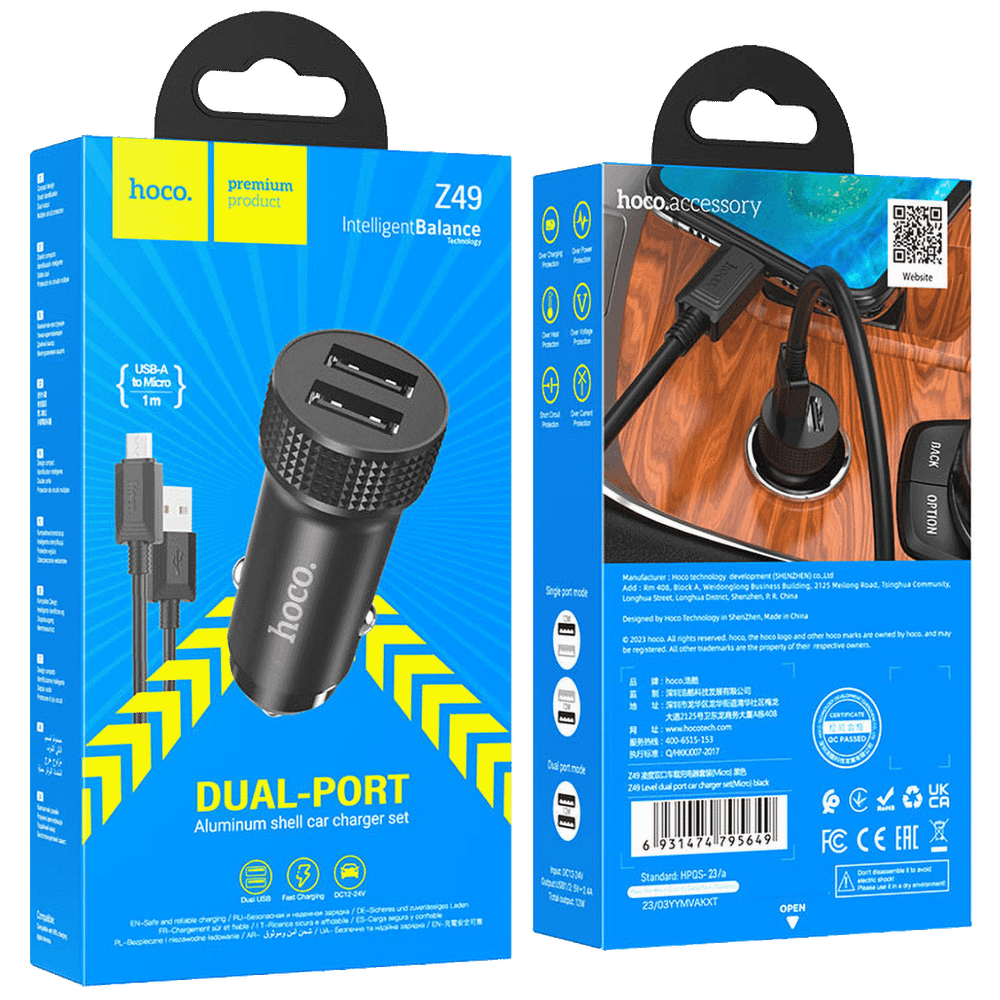 hoco. Auto punjač sa microUSB kabelom, 2 x USB, 2.4 A, 12W - Z49 Level slika 4