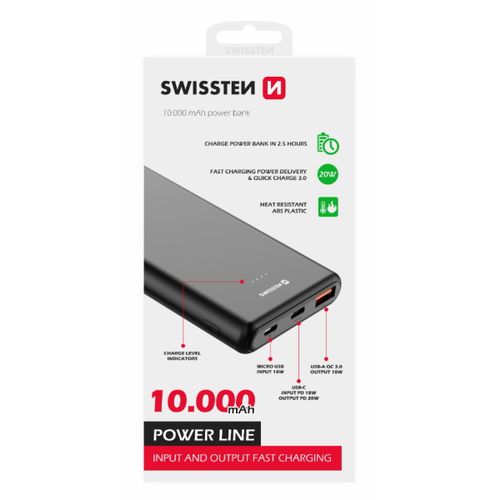 Dodatna baterija - Power Bank SWISSTEN 10000mAh, QC 3.0, USB-C, crna slika 1
