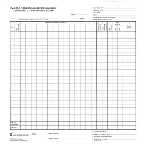 III-8-30 IZVJEŠĆE O MJESEČNOM IZVRŠENOM RADU U PRIMARNOJ ZDRAVSTVENOJ ZAŠTITI; Blok 30 listova, 28 x 29,7 cm slika 1