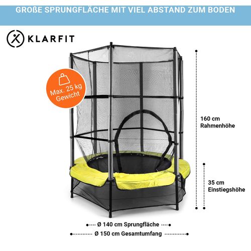 KLARFIT Rocketkid 3, žuta, 140 cm trampolin, sigurnosna mreža, bungee opruge slika 14